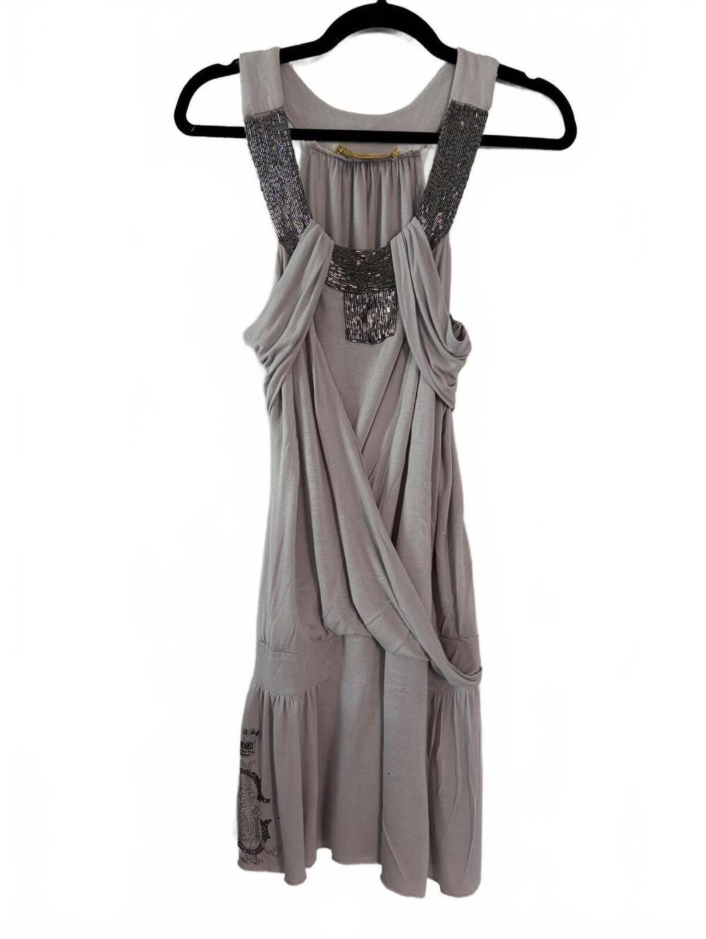 Christian Audigier Dress Womens L Gray Draped Sleeveless Beaded Cocktail